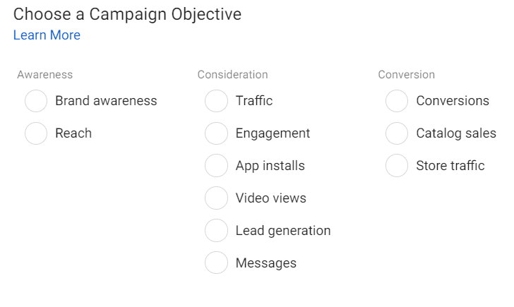 campaign objective choices on facebook ads