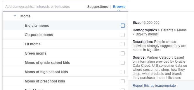Facebook ads mom demographic targeting