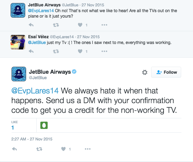 JetBlue Airways twitter response to a bad review