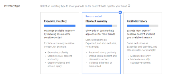 inventory types and exclusions in youtube ads