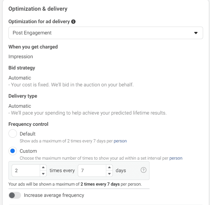Screenshot of how to set up frequency caps on Facebook Ads