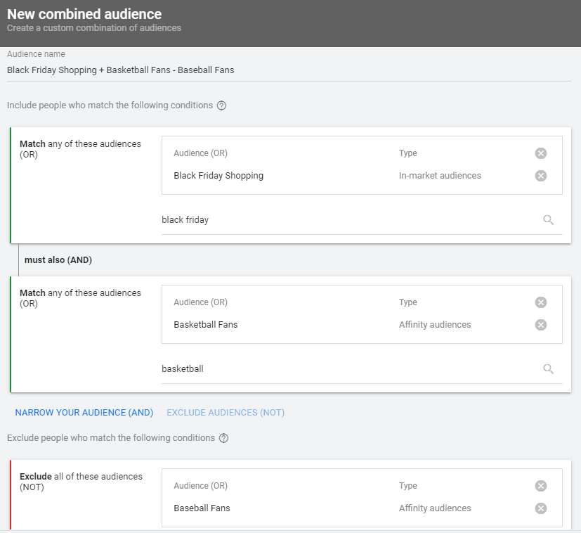 combined audience feature in google ads with black friday shopping search