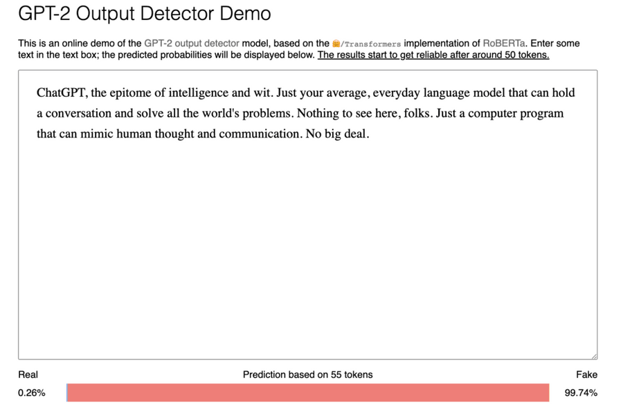 Screenshot from GPT-2 output detector