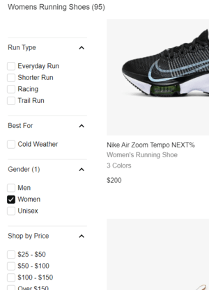 Nike product navigation and filter