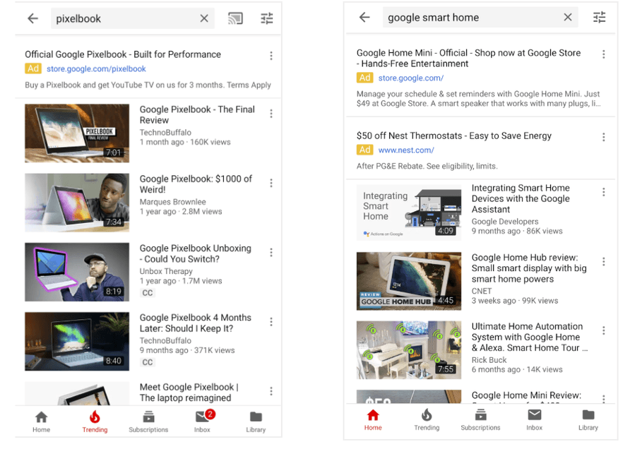 Screenshot showing Search text ads showing up on mobile YouTube searches above video results.