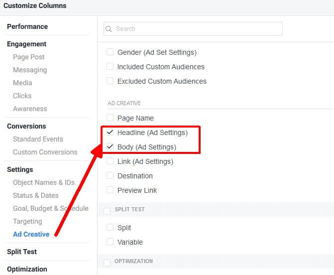 Customize columns in Facebook ads