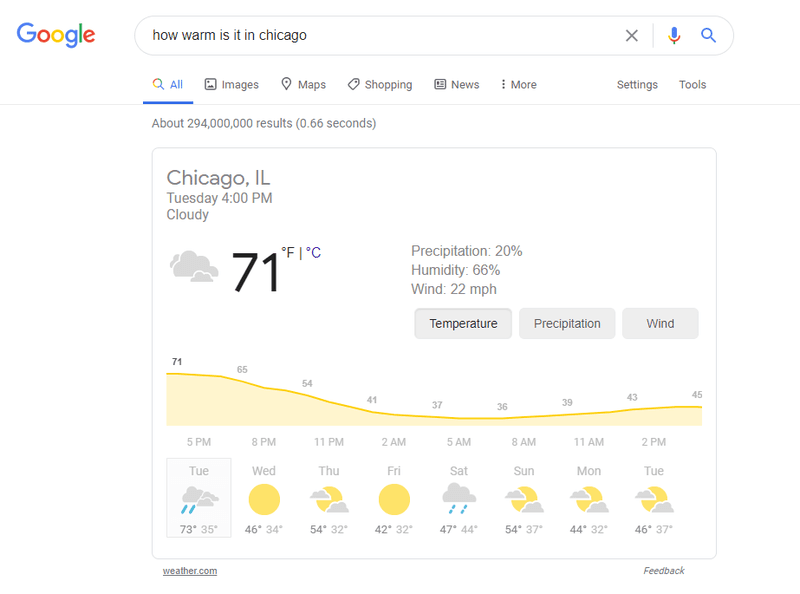 Chicago weather on the SERP
