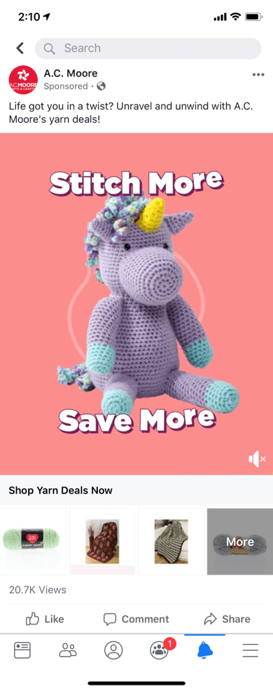 A.C. moore ad with unicorn, stitch more, save more